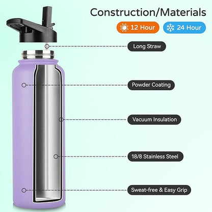 DOMICARE 40 oz Insulated Water Bottle, Vacuum Insulated Stainless Steel Sports Water Bottle with Straw Lid & Spout Lid, Leakproof, Reusable - Travel, Camping, Bike, Purple