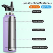 DOMICARE 40 oz Insulated Water Bottle, Vacuum Insulated Stainless Steel Sports Water Bottle with Straw Lid & Spout Lid, Leakproof, Reusable - Travel, Camping, Bike, Purple
