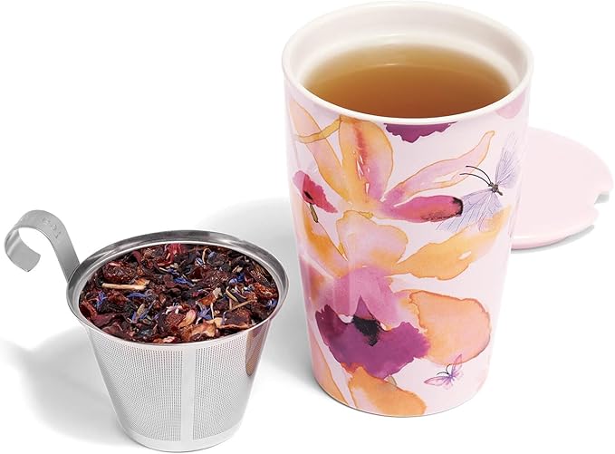Tea Forte Mariposa Double-Walled Ceramic Kati Cup with Removable Stainless Steel Infuser Basket and Lid, Steeps 12 oz Loose Leaf Tea, Lid and Cup Dishwasher & Microwave Safe