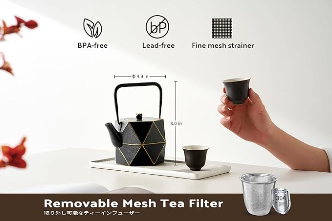 Toptier Cast Iron Teapot, Stovetop Safe Japanese Cast Iron Tea Kettle, Diamond Design Tea Pot with Removable Infuser for Loose Tea, 40 Ounce (1200 ml), Black