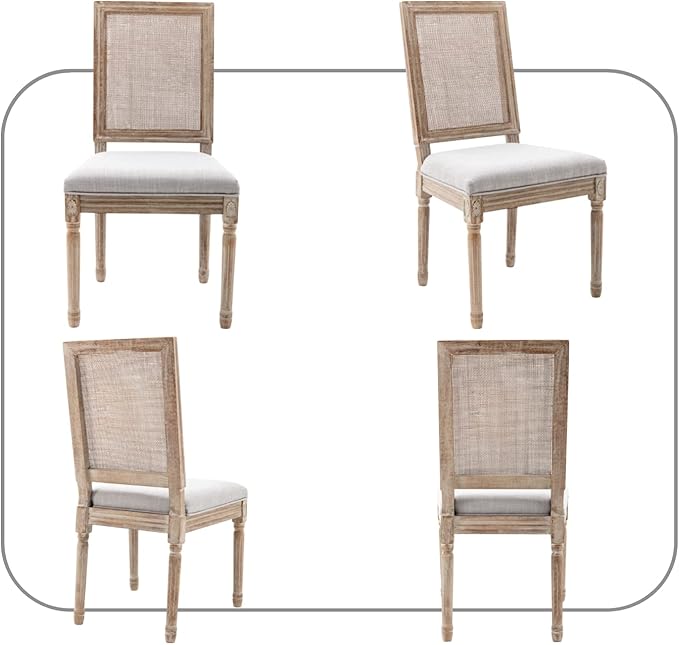 CIMOTA Farmhouse Dining Chairs Set of 8, French Rattan Dining Room Chairs with Rectangle Back/Distressed Wood Upholstered Vintage Side Chairs for Kitchen/Restaurant, 8PCS/Grey