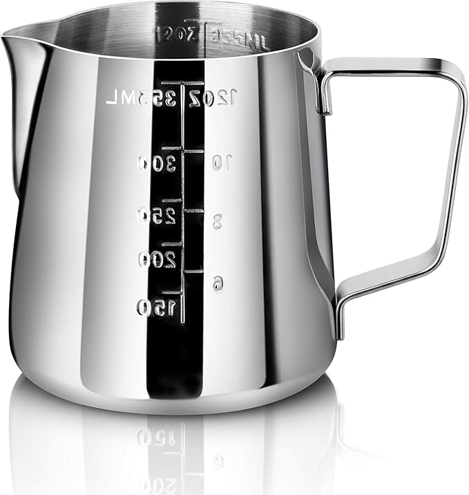 New Star Foodservice 28805 Commercial Grade Stainless Steel 18/8 Frothing Pitcher, 12-Ounce with Measurement Scale
