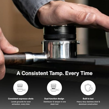 Crema Coffee Products 51mm Hand Tamper & Coffee Distributor|Compatible with Delonghi Dedica & La Specialista Portafilter|Double-Sided, Adjustable Depth Tool|Made with Durable 304 Stainless Steel|Black