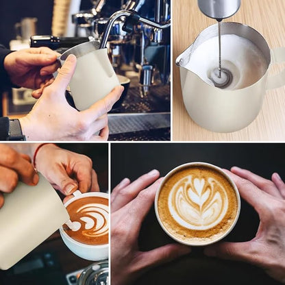 Frothing Milk Pitcher, 12 oz/350 ml Stainless Steel Frothing Milk Jug with Latte Art Pen,with Internal Measurements, for Cappuccino, Espresso and More（white）