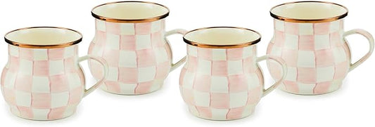 MACKENZIE-CHILDS Enamel Mug, Cute Enamelware Coffee and Tea Mug, Unique Drinkware, 16 Ounces, Pink-and-White Rosy Check, Set of 4