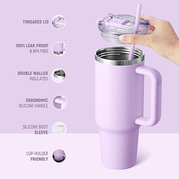 COKTIK 40 oz Tumbler With Handle and Straw Lid, Vacuum Insulated Travel Coffee Mug Stainless Steel Insulated Cup for Beverages, Leak-proof, Cupholder Friendly (Lavender)