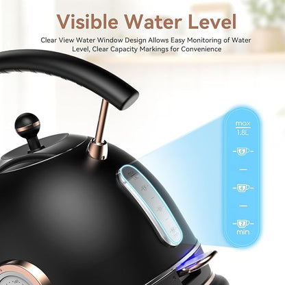 Rasonic Classic Retro Electric Kettle, 1.8L Stainless Steel, 1500W Fast Quiet Boiling, Temperature Gauge, LED Light, Auto Shut-Off, Home & Office Use - Matt Finish Black and Rose Gold