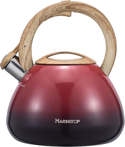 MARSKITOP Whistling Tea Kettle for Stove Top, Food Grade Stainless Steel Tea Kettle Teapot for Stovetop with Anti-Hot Ergonomic Handle, 2.6 Quart, Red