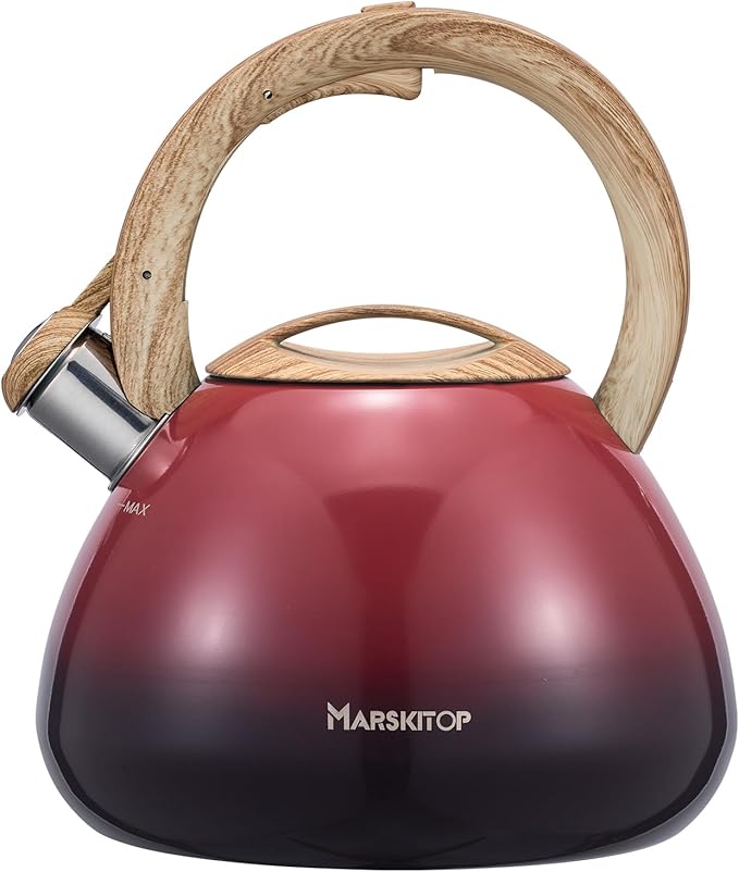MARSKITOP Whistling Tea Kettle for Stove Top, Food Grade Stainless Steel Tea Kettle Teapot for Stovetop with Anti-Hot Ergonomic Handle, 2.6 Quart, Red
