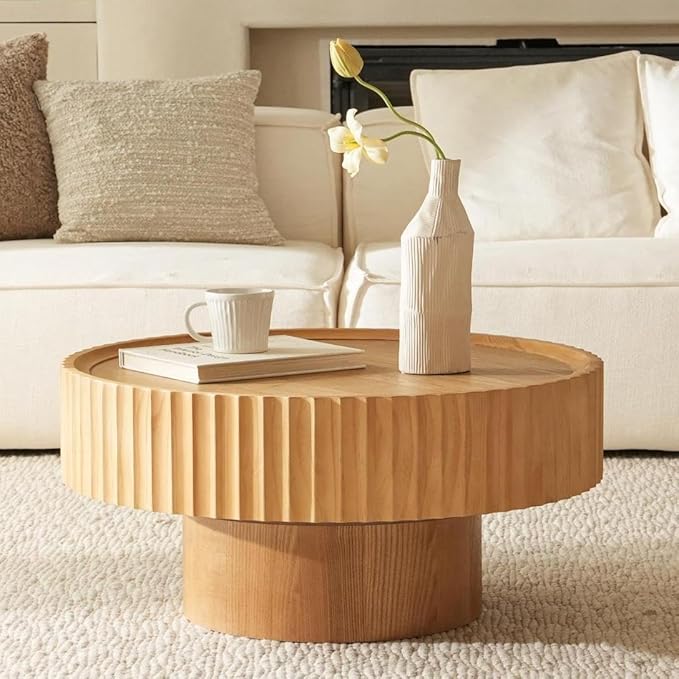 Round Wood Coffee Table - Wooden, Ribbed-Design, 30.3" Dia, 14.9" H Living Room Table, Center Table Simple Modern Style for Home Living Room Furniture (Nature Wood, 30.3''L×14.9''H)