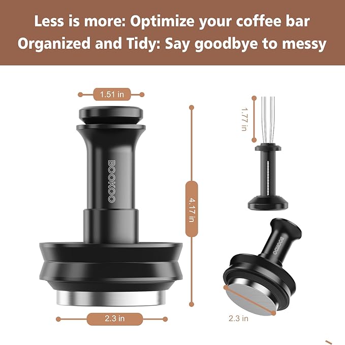 BOOKOO 3-in-1 Espresso Tamper 58.5mm Espresso Distribution Tool Magnetic Dosing Funnel with Spring Loaded Sound Feedback 304 Stainless Steel WDT Tool Espresso Stirrer Needle Coffee Tamper Set