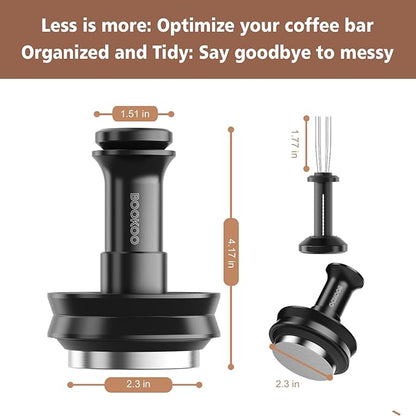 BOOKOO 3-in-1 Espresso Tamper 58.5mm Espresso Distribution Tool Magnetic Dosing Funnel with Spring Loaded Sound Feedback 304 Stainless Steel WDT Tool Espresso Stirrer Needle Coffee Tamper Set