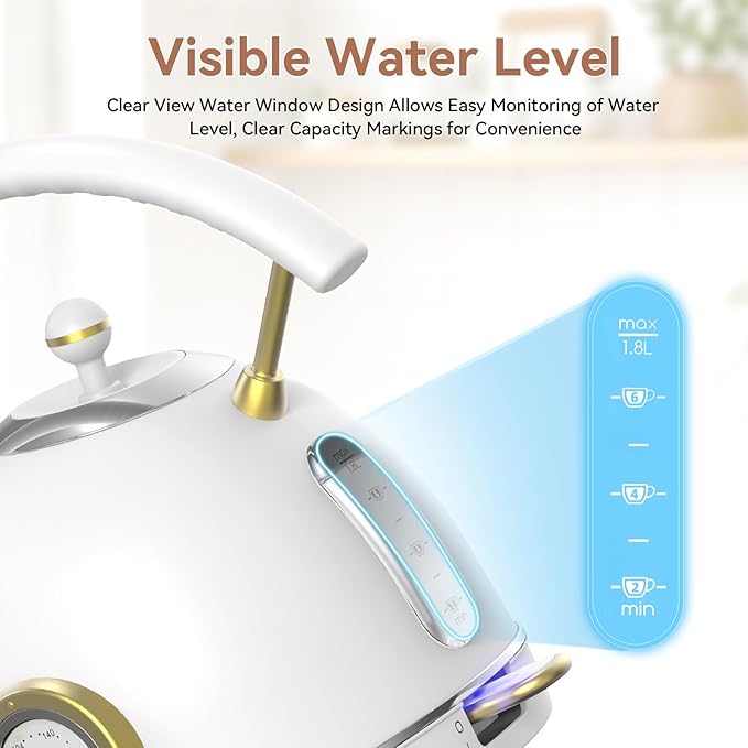 Rasonic Classic Retro Electric Kettle, 1.8L Stainless Steel, 1500W Fast Quiet Boiling, Temperature Gauge, LED Light, Auto Shut-Off, Home & Office Use - White and Champagne Gold