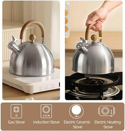 Tea Kettle, 18/8 Stainless Steel Whistling Teapot, 2.1 Quart Camping Tea Kettle for Stovetop, Water Coffee Pot with Anti-Hot Wood Handle (2L,Silver)