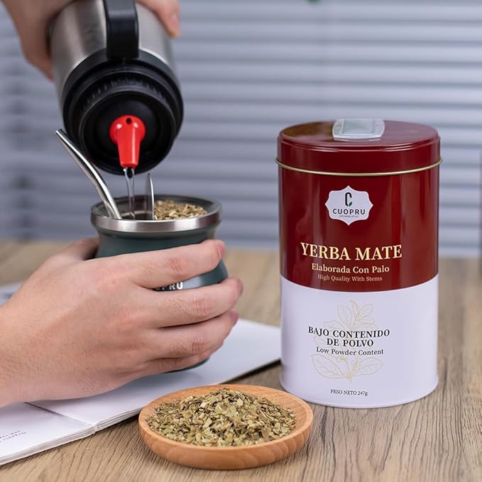 Yerba Mate, CUOPRU Suave Argentinian Mate, Low Powder, Original Leaves With Stems, Portable Storage Tea Caddy (N.W.247g)