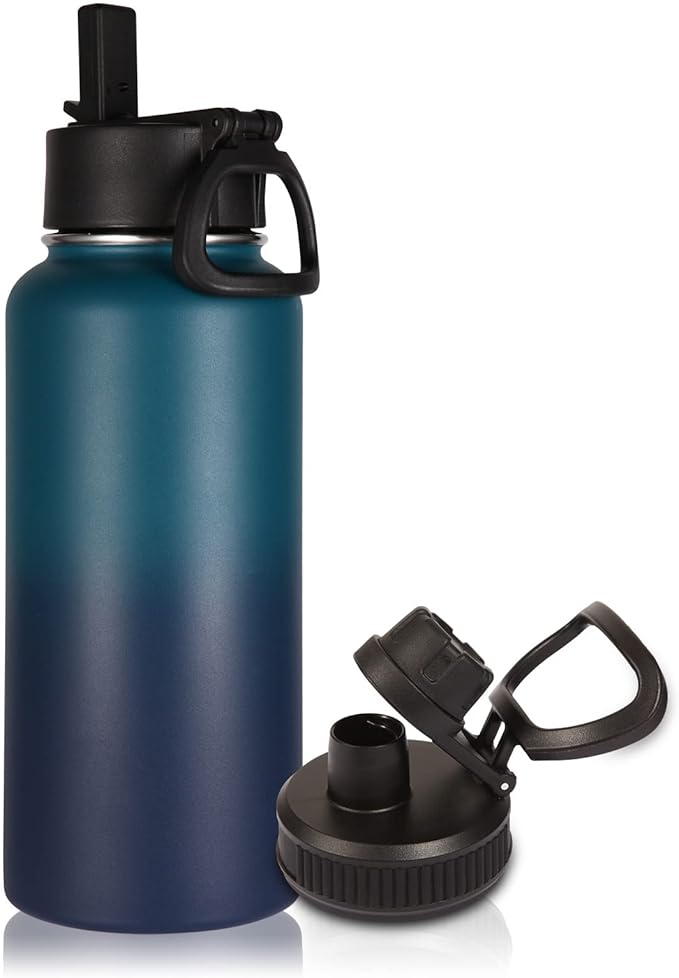 Volhoply 32 oz Insulated Water Bottle with Straw Lid and Spout Lid,Stainless Steel Sports Water Bottle,Double Wall Vacuum Cups,Leakproof Metal Flask with Wide Mouth for Hiking,Camping(Dark Night,1)