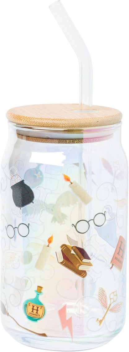 Silver Buffalo Harry Potter Iconic Icons Pattern Wands at the Ready 2 Pack Glass Jar Tumbler with Bamboo Lid and Glass Straw, 16 Ounces