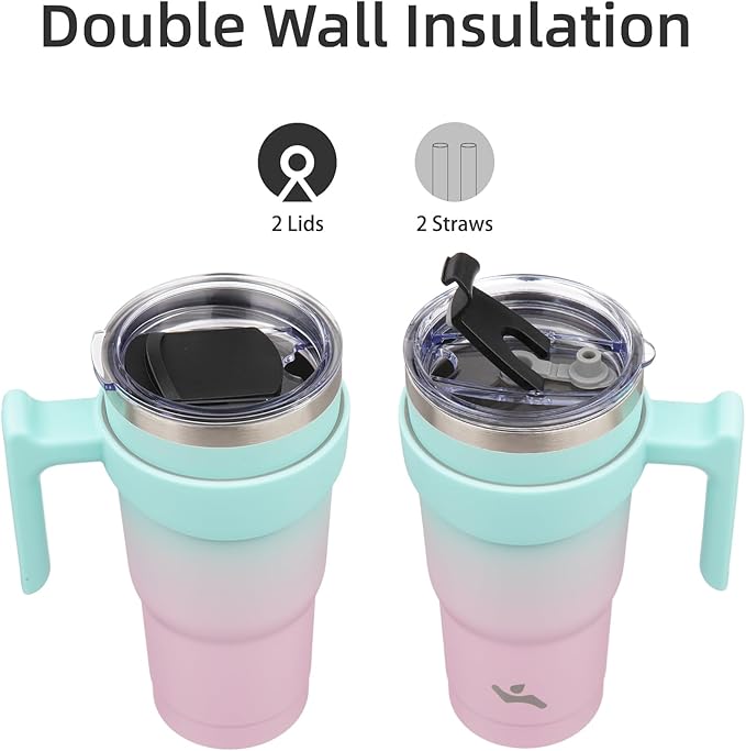 20 oz Tumbler with Handle and 2 Straw 2 Lid, Insulated Water Bottle Stainless Steel Vacuum Cup Reusable Travel Mug,Gum