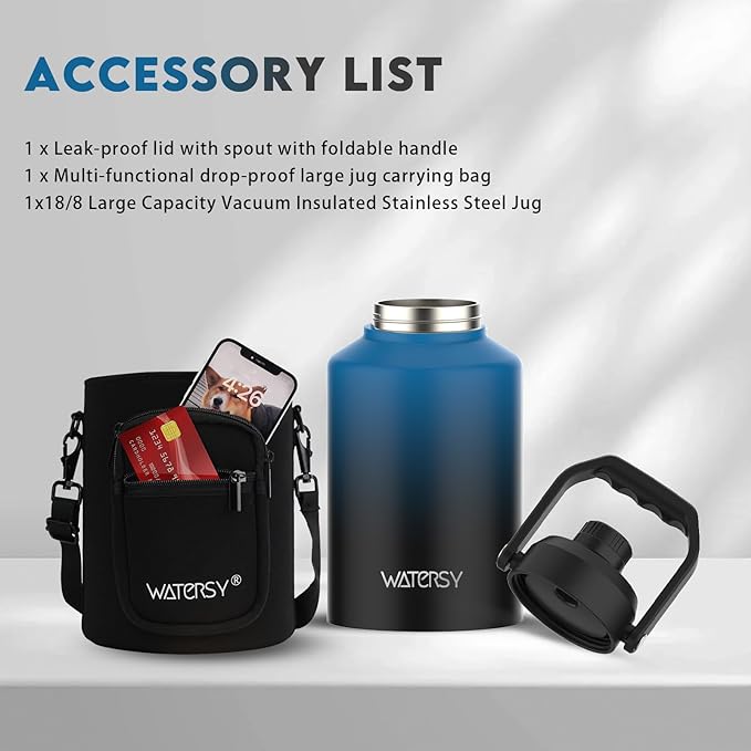 Half Gallon Water Bottle Insulated(Cold for 48 Hrs),BPA Free&Leak Proof,64oz Stainless Steel Water Jug/Flask,Big thermo,Large Water Bottle with Handle for Gym,Hiking,Camping,Gradient Blue