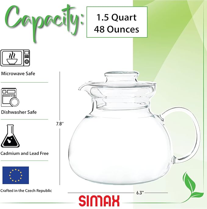 Simax Glass Teapot For Stovetop, Glass Tea Kettle For Stove Top, Tea Pots For Stove Top, Stovetop & Microwave Safe Kettles, Clear Glass Tea Pot With Spout for Tea Party, 1.5 Quart/ 6 Cup Teapots