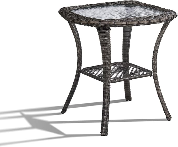 Patio Wicker Side Table, Outdoor PE Rattan End Table with 5mm Tempered Glass Top and 2-Tier Storage Shelf, 20" Square Coffee Table for Deck Porch Garden Backyard-Dark Brown