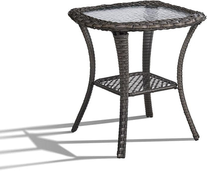 Patio Wicker Side Table, Outdoor PE Rattan End Table with 5mm Tempered Glass Top and 2-Tier Storage Shelf, 20" Square Coffee Table for Deck Porch Garden Backyard-Dark Brown