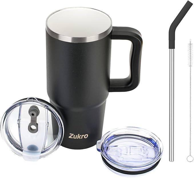 Zukro 24 oz Ceramic Lined Insulated Tumbler with Handle and Straw, No Metal Taste or Smell, Travel Coffee Mug with Spillproof Lids, No Sweat Stainless Steel Cup, Dishwasher Safe, Black