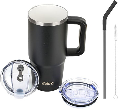 Zukro 24 oz Ceramic Lined Insulated Tumbler with Handle and Straw, No Metal Taste or Smell, Travel Coffee Mug with Spillproof Lids, No Sweat Stainless Steel Cup, Dishwasher Safe, Black