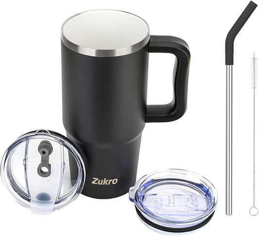 Zukro 24 oz Ceramic Lined Insulated Tumbler with Handle and Straw, No Metal Taste or Smell, Travel Coffee Mug with Spillproof Lids, No Sweat Stainless Steel Cup, Dishwasher Safe, Black