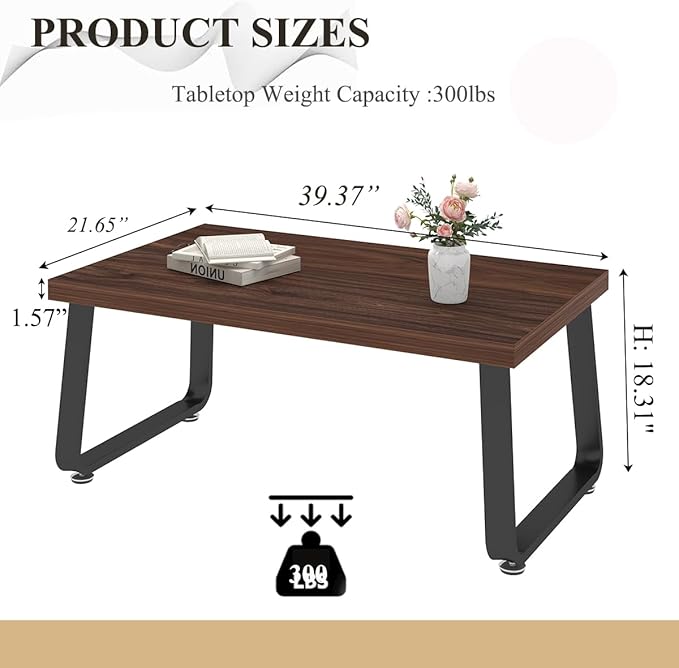 HSH Rustic Walnut Coffee Table, 39” Mid Century Modern Center Table, Rectangle Industrial Living Room Coffee Table, Simple Farmhouse Wood and Metal Tea Coffee Tables for Home Bedroom, Walnut, 39 in