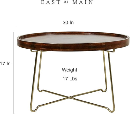 East at Main Aria 30" Round Mango Wood Tray Top Coffee Table with Metal Base – Handcrafted Farmhouse Coffee Table for Living Room