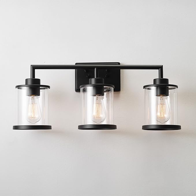 GLOBE Electric 52059 Harlow 5-Piece All-in-One Bathroom Set, Matte Black, 3-Light Vanity Light with Clear Glass Shades, Towel Bar, Toilet Paper Holder, Towel Ring, Robe Hook