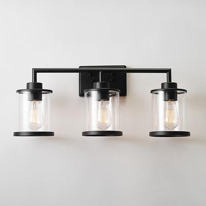 GLOBE Electric 52059 Harlow 5-Piece All-in-One Bathroom Set, Matte Black, 3-Light Vanity Light with Clear Glass Shades, Towel Bar, Toilet Paper Holder, Towel Ring, Robe Hook