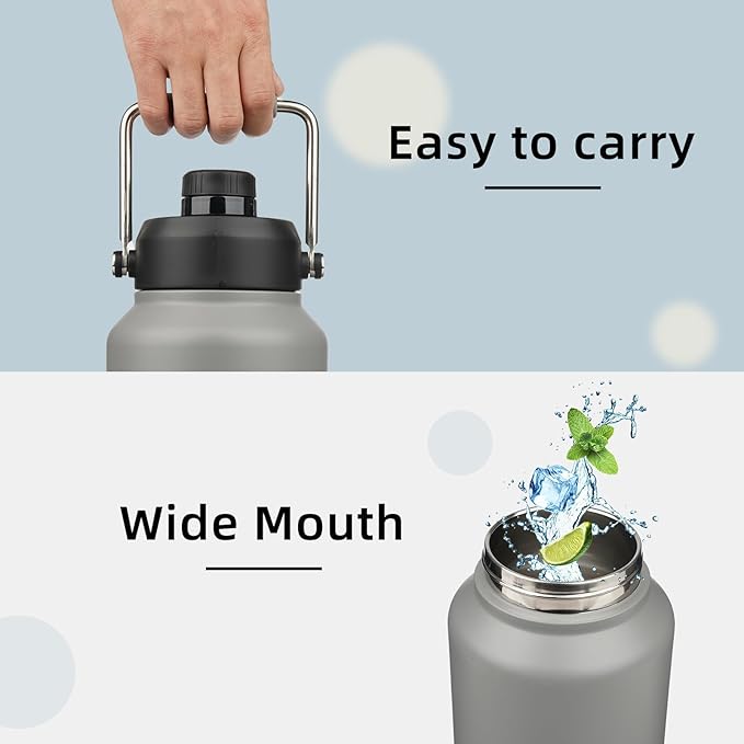 Half Gallon Jug with Handle,64 oz Insulated Water Bottle with Carrying Pouch,Double Wall Vacuum Stainless Steel Metal Bottle,Gray