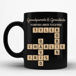 Load image into Gallery viewer, Family Forever Linked Together Custom Names Ceramic Mug, Crossword Puzzle Art, for Birthday, Anniversary or Special Occasions (Grandparents &amp; Grandkids Forever Linked Together Black Mug)