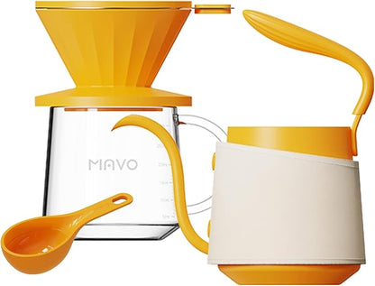 Pour Over Coffee Maker Set, Pour Over Kettle, Coffee Dripper, Glass Coffee Server with Scale, Stainless Steel Filter (Orange)