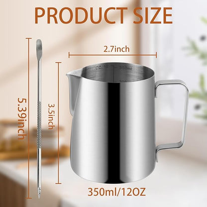 2 Pack Stainless Steel Milk Frothing Pitcher, 12 Oz/350ml, with Latte Art Pen