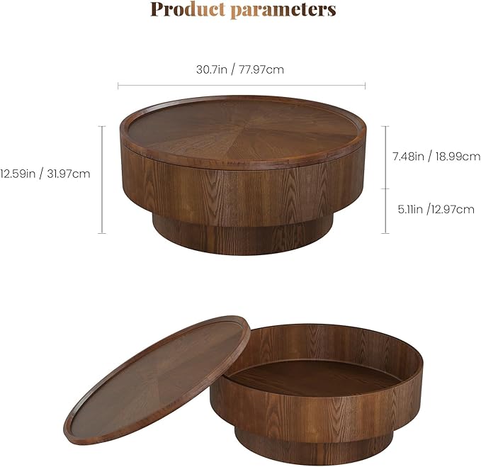 Storage Coffee Table, Handcraft Round Coffee Table with Hidden Storage Removable Top, Modern Solid Wood Veneered Circle Center Table with Sturdy Pedestal for Living Room 、Easy Assembly