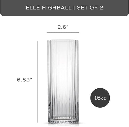 JoyJolt Elle 16oz Fluted Highball Glasses Set of 2, Ribbed Tall Cocktail Tumblers for Gin Juice Water, Vintage Style Drinking Glasses