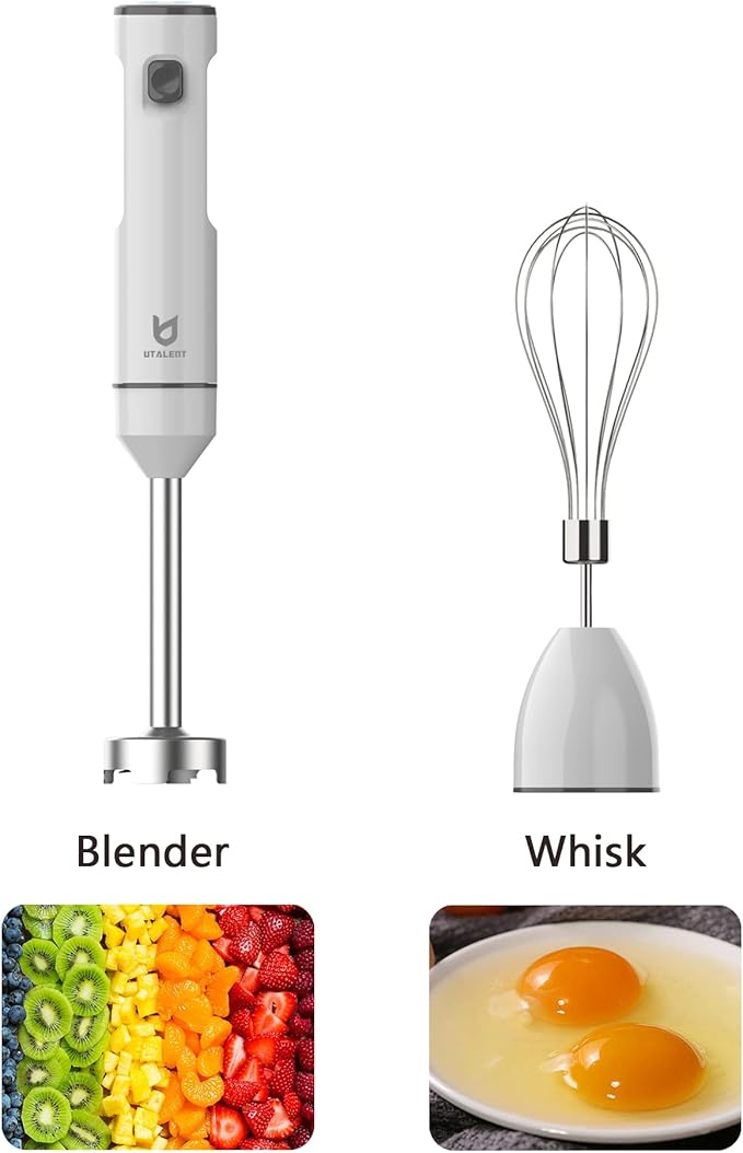 Cordless Hand Blender, UTALENT Variable Speed Immersion Blender handheld Rechargeable, with USB-C Charging Cable, Egg Whisk, for Smoothies, Milkshakes, Hummus and Soups – White