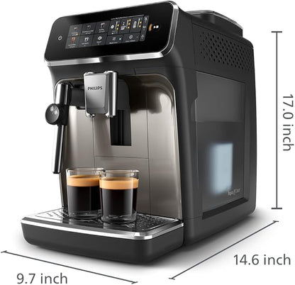 Philips 3300 Series Fully Automatic Espresso Machine with integrated milk frother and grinder, 5 Hot & Iced Coffee Pre-Sets, 40% Quieter SilentBrew, 15-Bar Pressure, Glossy Black (EP3326/90)