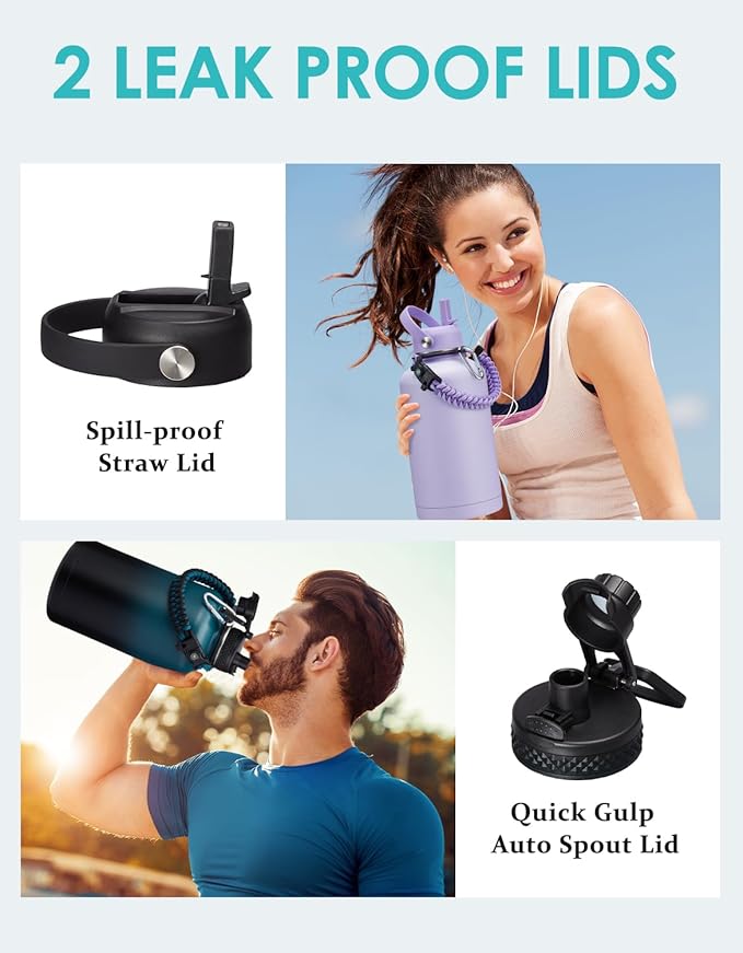 Stainless Steel Water Bottles 64oz - Insulated Half Gallon Water Jug with Straw & Chug Lid, Metal Tactical Canteen for Gym Sports Workout Hiking with Paracord Handle, Strap Carry Sleeve, Army Green