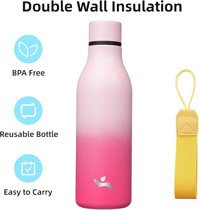 Insulated Water Bottle with Strap,18 oz Double Wall Stainless Steel Vacuum Bottles Metal Water Flask,Cherry