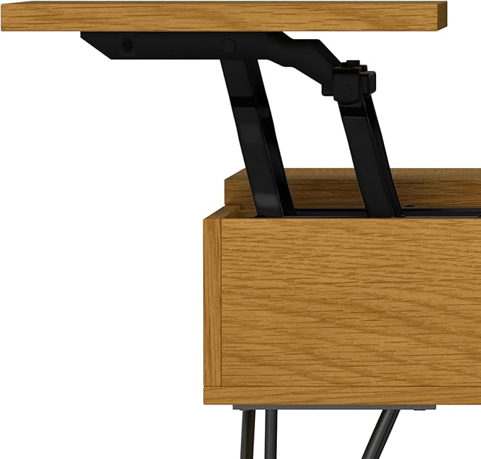 SIMPLIHOME Hunter Lift Top Coffee Table - 32 inch Wide Oak Veneer and Metal Industrial Square Lift Top Cocktail Table in Oak, Living Room Table with Dual Lift Tops, Hidden Storage and Hairpin Legs