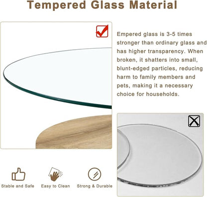 42 Inch Glass Coffee Table，Round Coffee Table with 2-Tier Tempered Glass Tabletop，Easy to Clean Circle Coffee Table with Sturdy Base for Living Room，Office (Natural Wood-Colored Base)