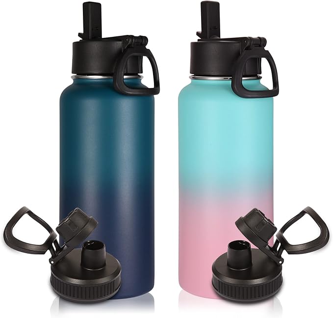 Volhoply 32 oz Water Bottles Bulk 2 Pack with Straw Lid & Spout Lid,Insulated Sports Water Bottle,Double Wall Vacuum Stainless Steel Cups,Leakproof Wide Mouth Metal Flask for Travel(Assorted,2)