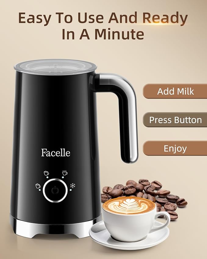 Facelle Milk Frother, 4-in-1 Electric Milk Steamer and Frother, 10oz/300ml Automatic Hot & Cold Foam Maker and Milk Warmer with Auto Shut-Off, for Latte, Cappuccino, Macchiato, Hot Chocolate - Black