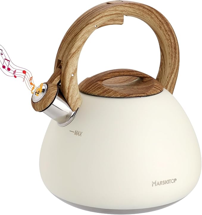 MARSKITOP Tea Kettle, 2.6 Quart Tea Pot for Stove, Food Grade Stainless Steel Whistling Teapot for Stovetop with Anti-Hot Handle, Suitable for All Heat Sources, Cream White