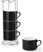 Load image into Gallery viewer, 10 Ounce Black Porcelain Stackable Cappuccino Cups with Stainless Steel Holder, Set of 4, Durable Ceramic, Perfect for Home, Office or Gift