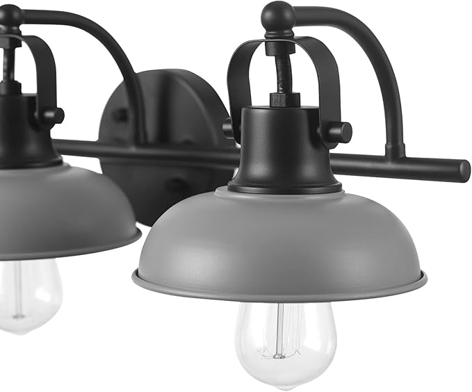 Globe Electric 52065 Gladstone 5-Piece All-In-One Bathroom Set, Matte Black, 3-Light Vanity Light with Matte Gray Metal Shades, Towel Bar, Towel Ring, Robe Hook, Toilet Paper Holder